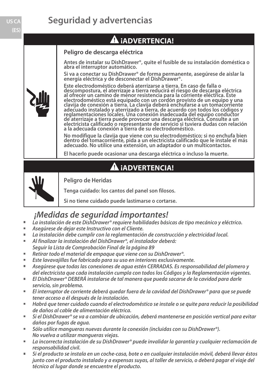 Seguridad y advertencias, Medidas de seguridad importantes, Advertencia | Fisher & Paykel DCS DD224P5 User Manual | Page 62 / 92