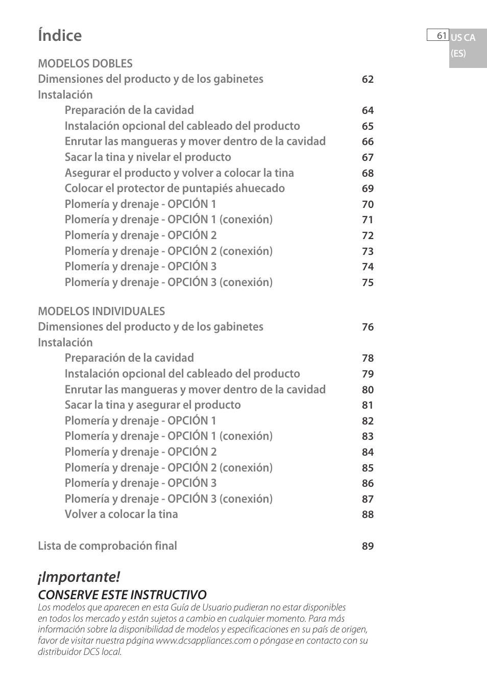 Índice, Importante | Fisher & Paykel DCS DD224P5 User Manual | Page 63 / 92