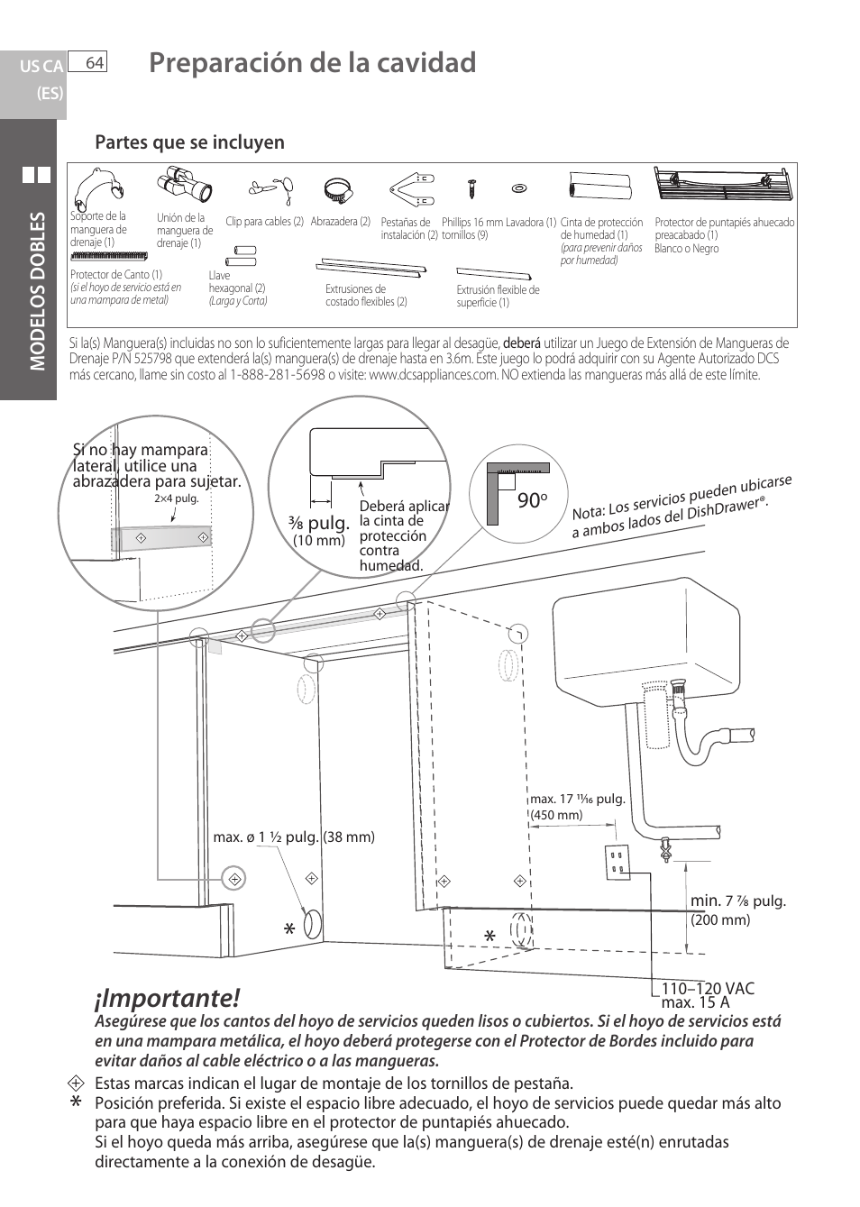 Preparación de la cavidad, Importante, Partes que se incluyen | Modelos dobles | Fisher & Paykel DCS DD224P5 User Manual | Page 66 / 92