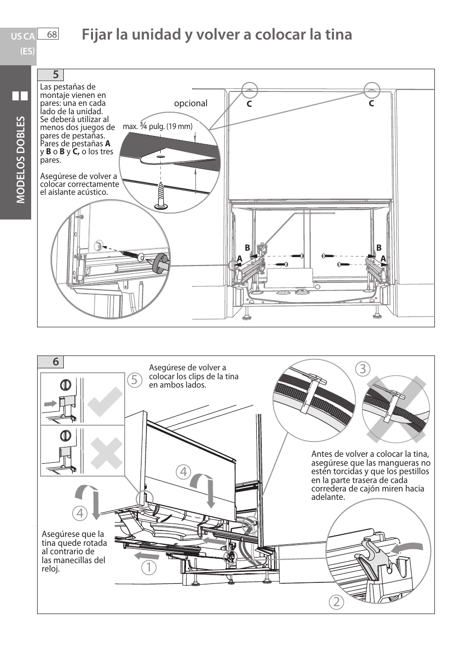 Fijar la unidad y volver a colocar la tina | Fisher & Paykel DCS DD224P5 User Manual | Page 70 / 92