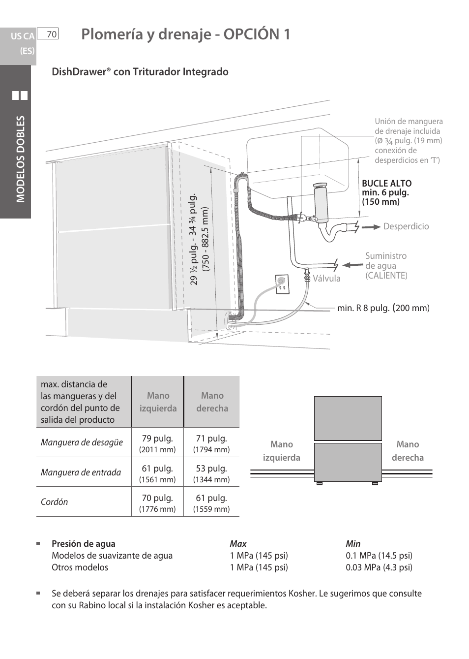 Plomería y drenaje - opción 1 | Fisher & Paykel DCS DD224P5 User Manual | Page 72 / 92