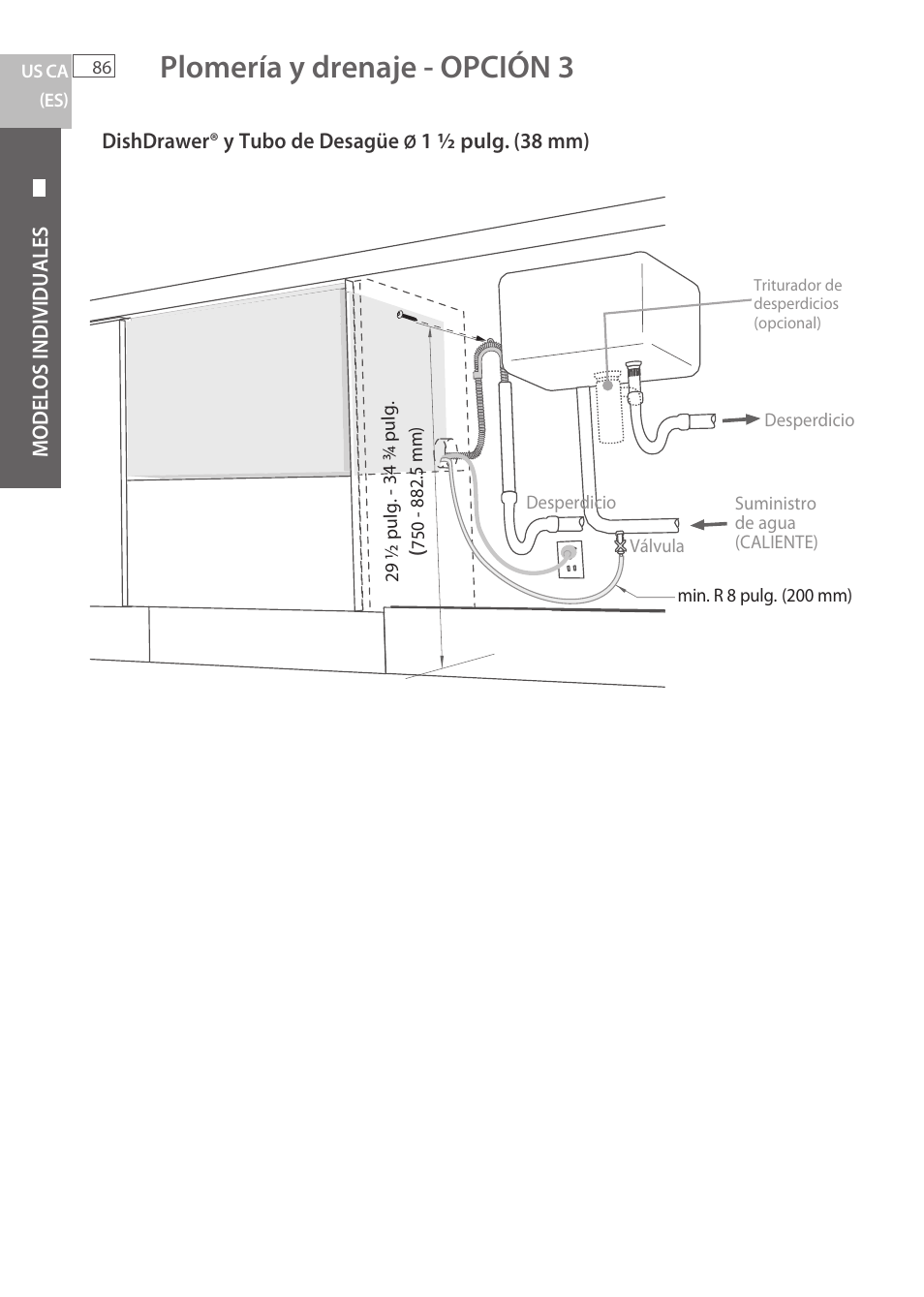 Plomería y drenaje - opción 3 | Fisher & Paykel DCS DD224P5 User Manual | Page 88 / 92