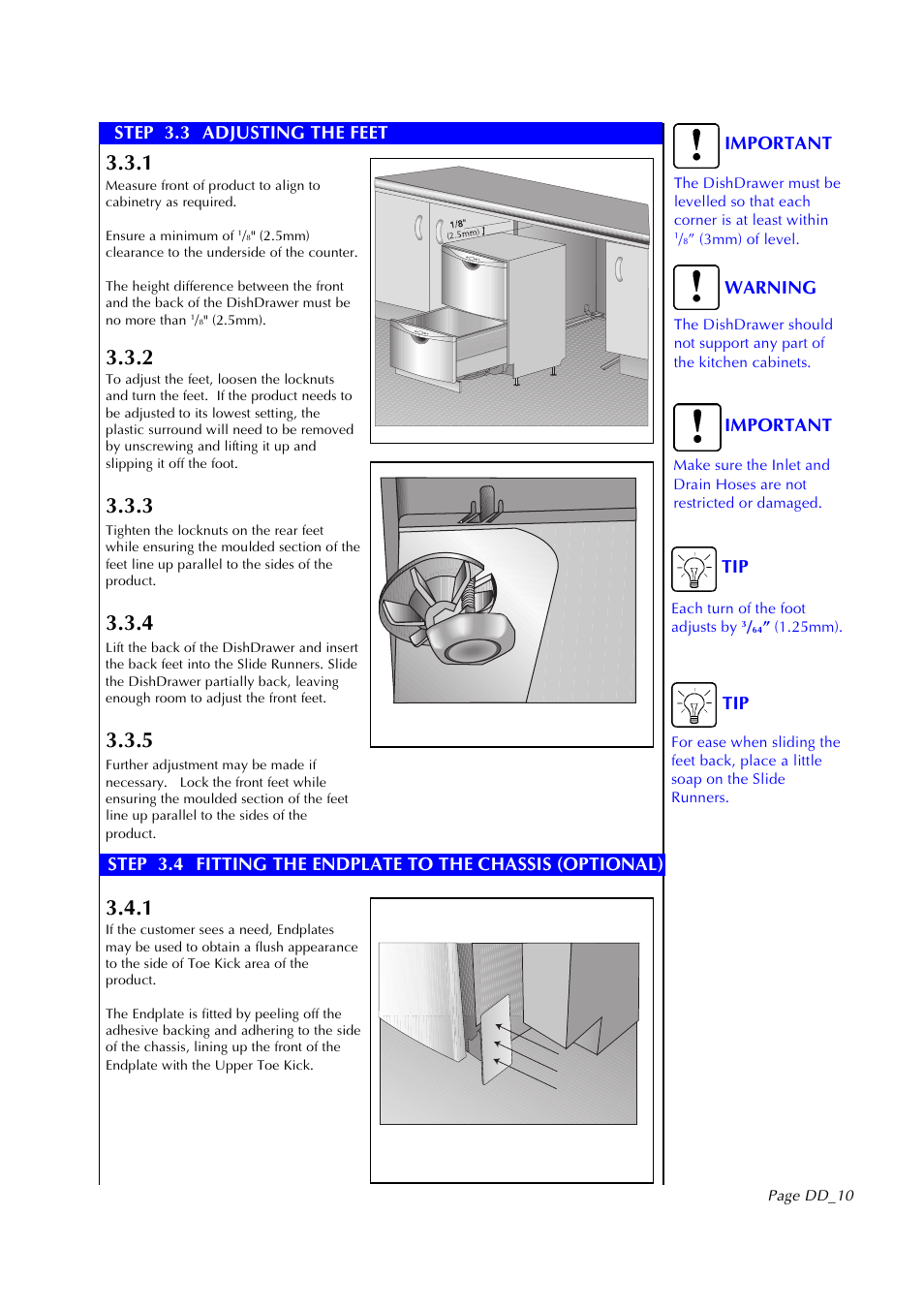 Warning, Important tip, Tip important step 3.3 adjusting the feet | Fisher & Paykel DD602I User Manual | Page 11 / 24