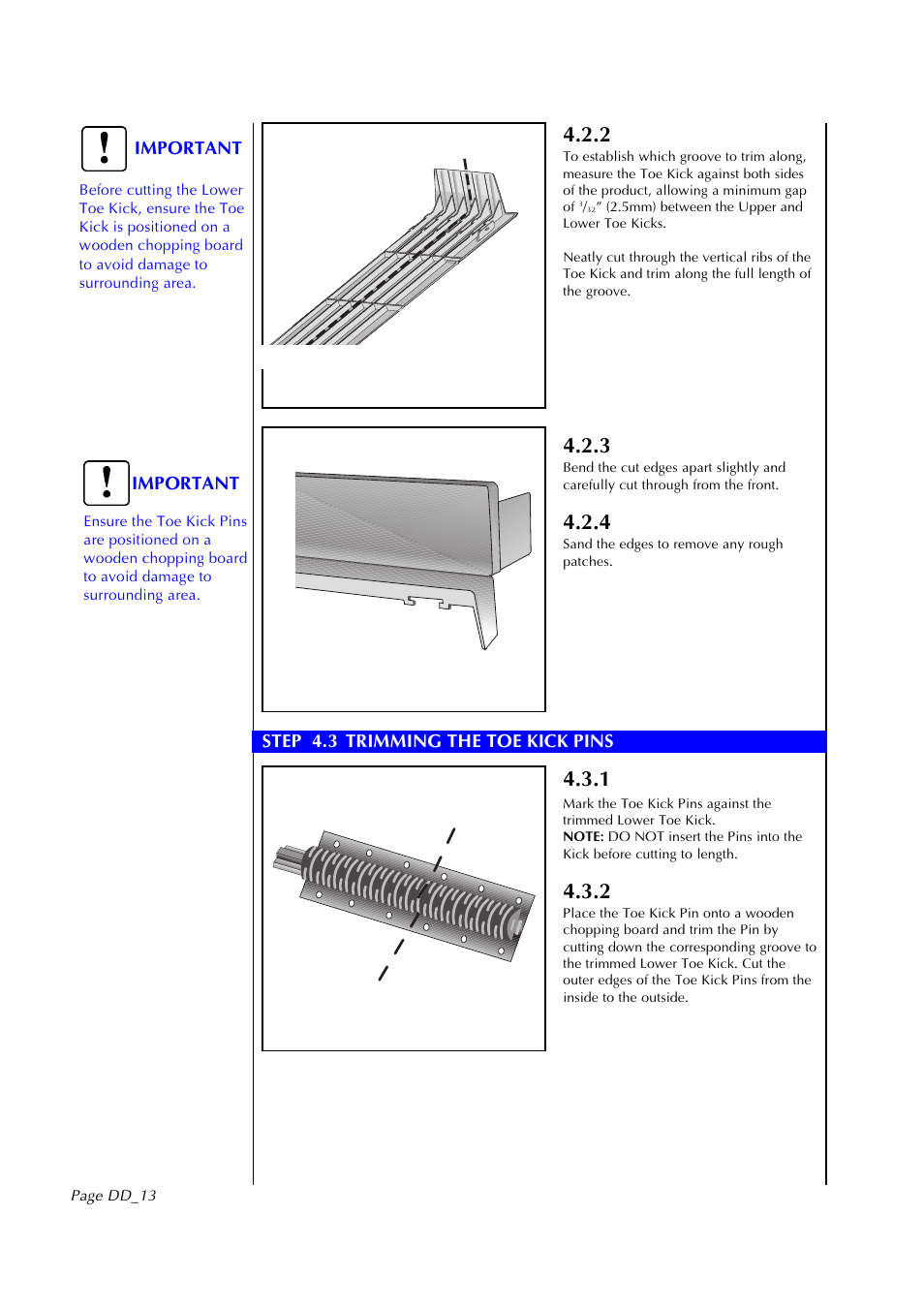 Important step 4.3 trimming the toe kick pins, Important | Fisher & Paykel DD602I User Manual | Page 14 / 24