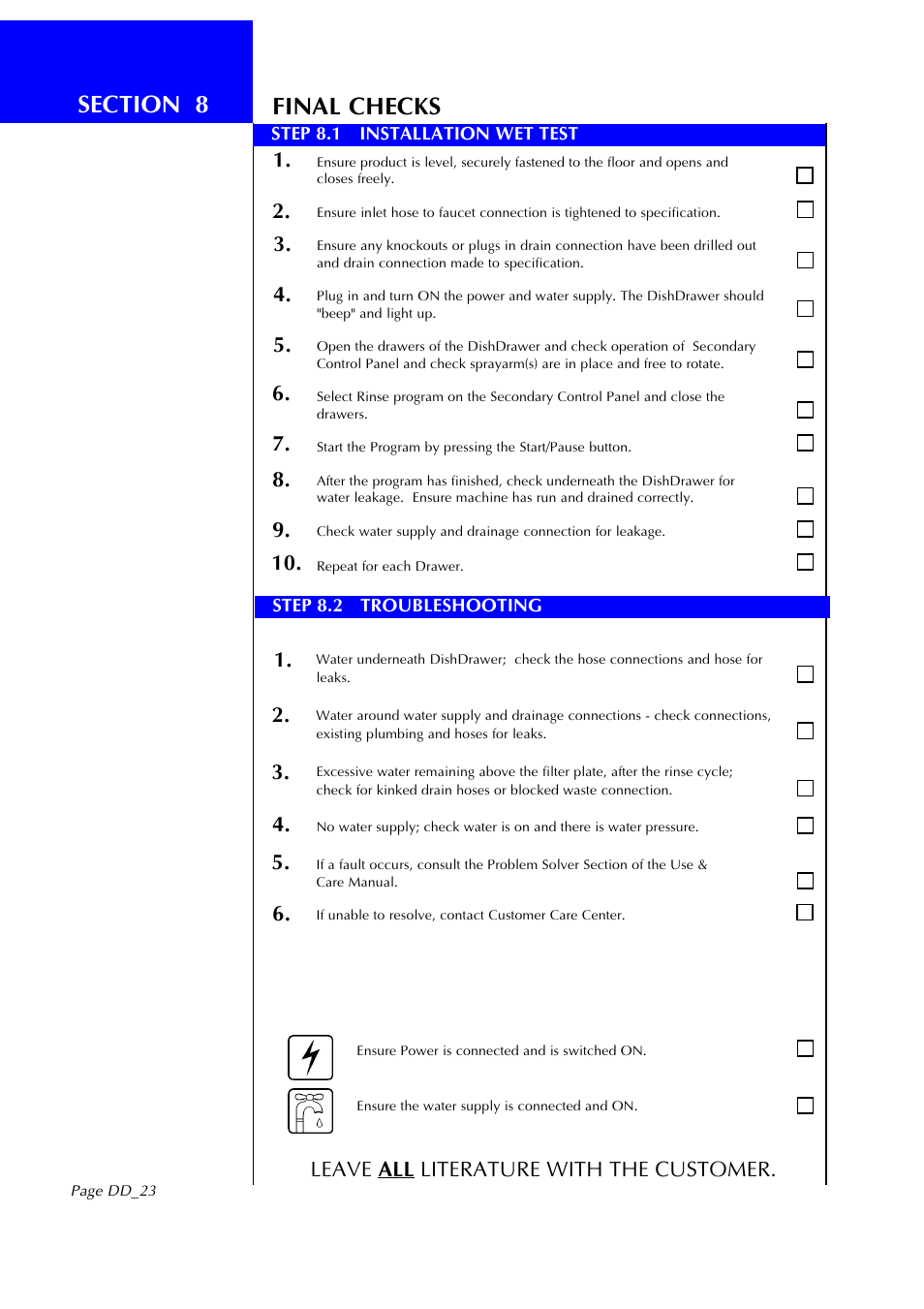 Final checks, Leave all literature with the customer | Fisher & Paykel DD602I User Manual | Page 24 / 24