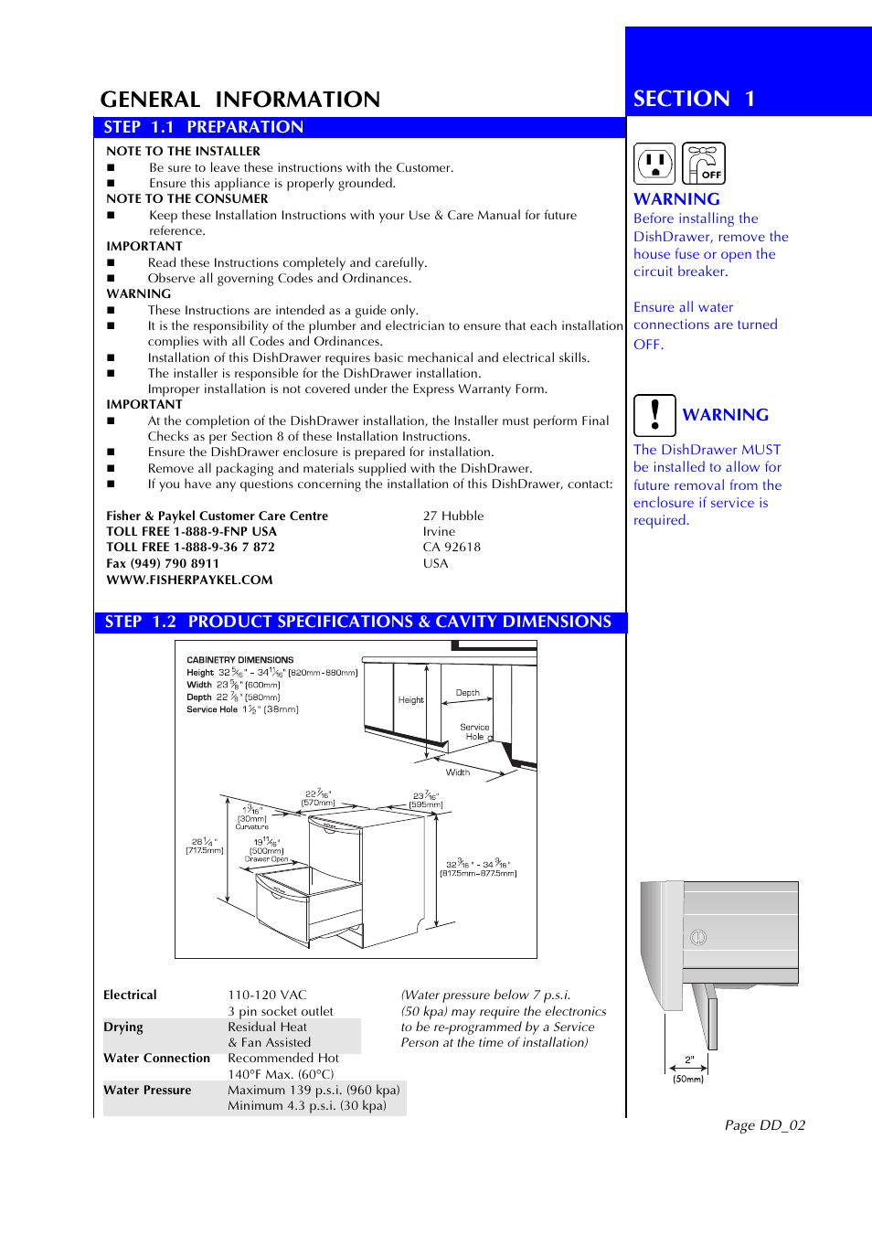 General information, Step 1.1 preparation warning, Warning | Fisher & Paykel DD602I User Manual | Page 3 / 24