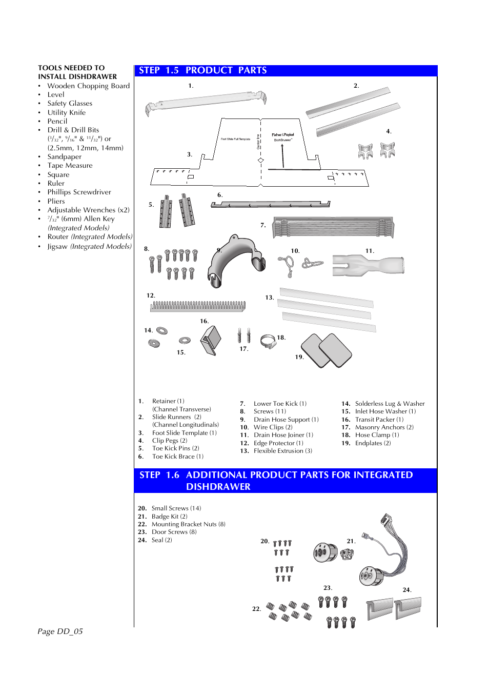 Step 1.5 product parts, Page dd_05 | Fisher & Paykel DD602I User Manual | Page 6 / 24
