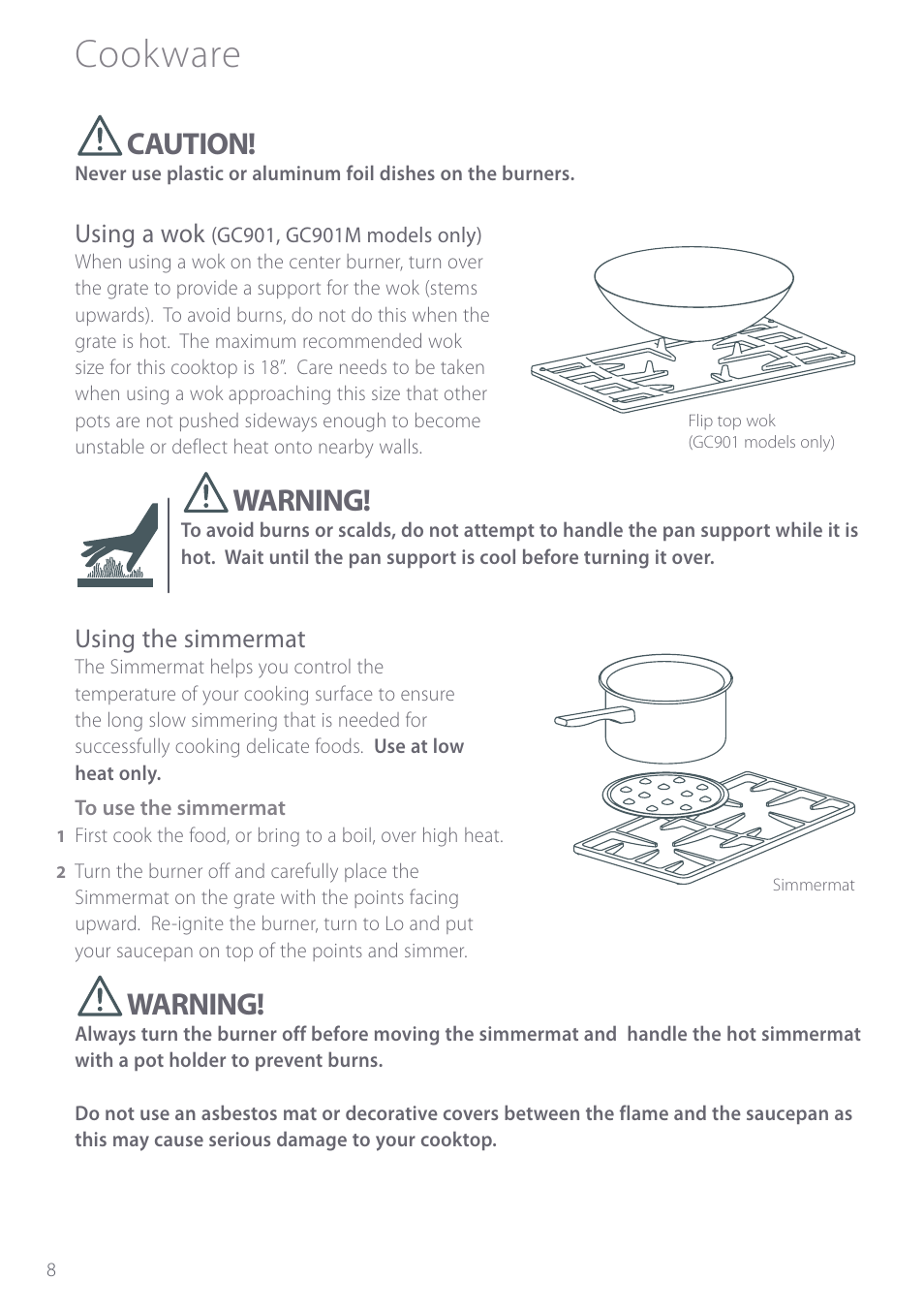 Cookware, Caution, Warning | Using a wok, Using the simmermat | Fisher & Paykel GC901 User Manual | Page 10 / 52