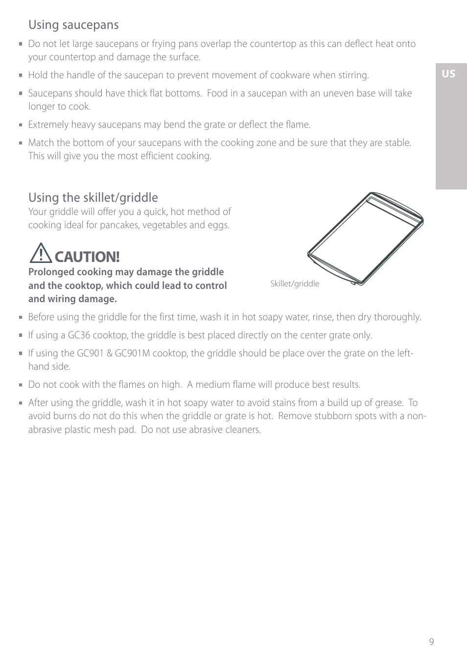 Caution, Using saucepans, Using the skillet/griddle | Fisher & Paykel GC901 User Manual | Page 11 / 52