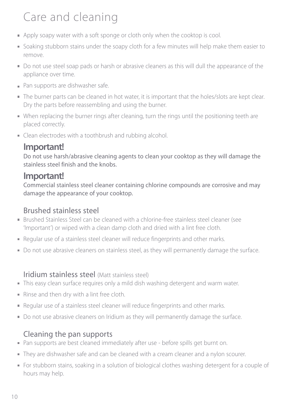 Care and cleaning, Important, Brushed stainless steel | Iridium stainless steel, Cleaning the pan supports | Fisher & Paykel GC901 User Manual | Page 12 / 52