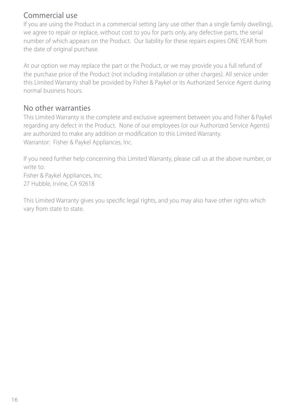 Commercial use, No other warranties | Fisher & Paykel GC901 User Manual | Page 18 / 52