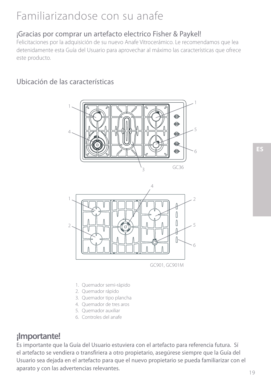 Familiarizandose con su anafe, Importante, Ubicación de las características | Fisher & Paykel GC901 User Manual | Page 21 / 52