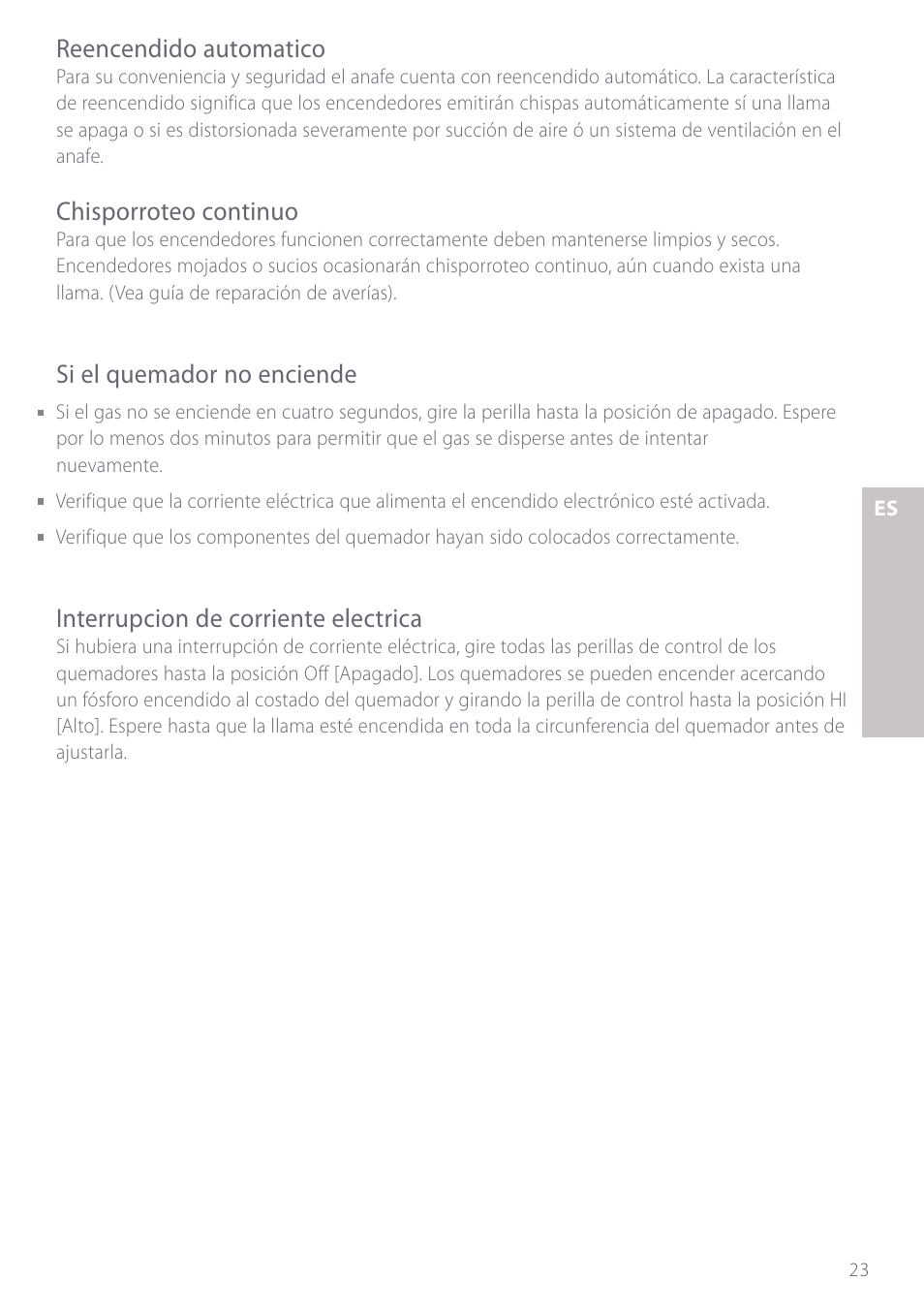 Reencendido automatico, Chisporroteo continuo, Si el quemador no enciende | Interrupcion de corriente electrica | Fisher & Paykel GC901 User Manual | Page 25 / 52