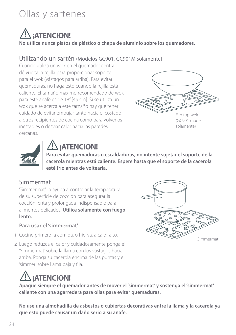 Ollas y sartenes, Atencion, Utilizando un sartén | Simmermat | Fisher & Paykel GC901 User Manual | Page 26 / 52