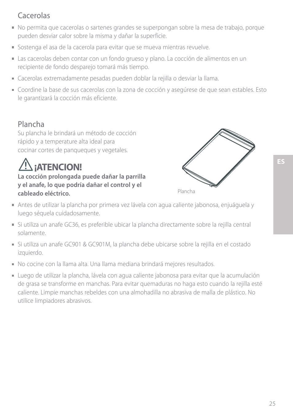 Atencion, Cacerolas, Plancha | Fisher & Paykel GC901 User Manual | Page 27 / 52