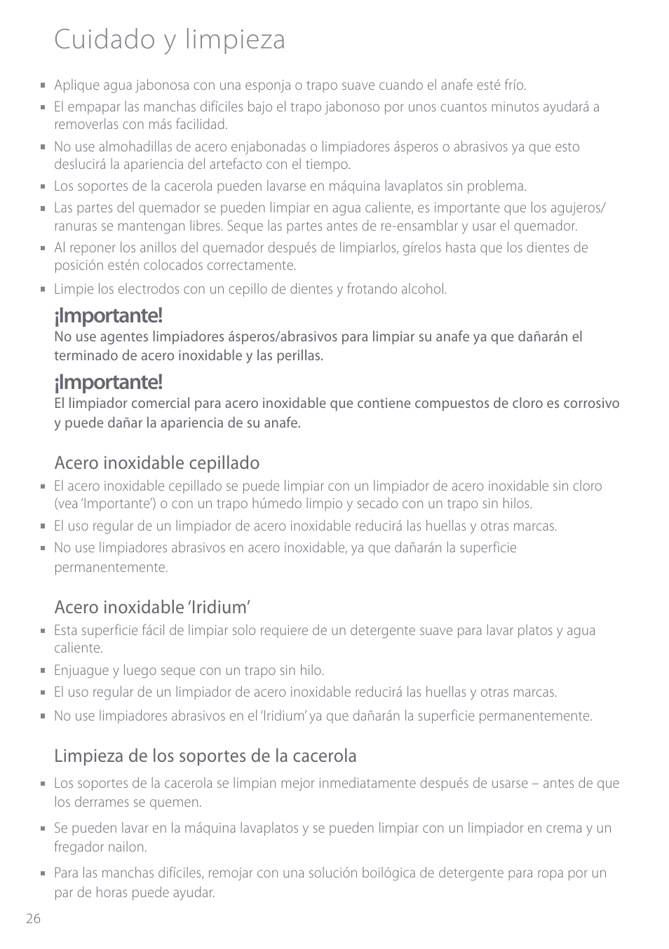 Cuidado y limpieza, Importante, Acero inoxidable cepillado | Acero inoxidable ‘iridium, Limpieza de los soportes de la cacerola | Fisher & Paykel GC901 User Manual | Page 28 / 52