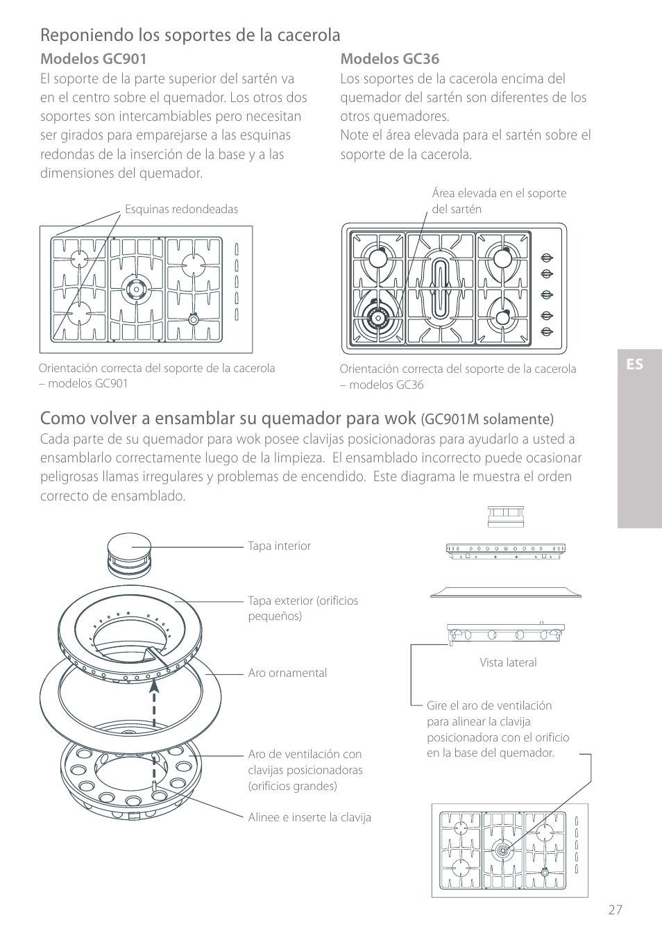 Reponiendo los soportes de la cacerola, Como volver a ensamblar su quemador para wok | Fisher & Paykel GC901 User Manual | Page 29 / 52