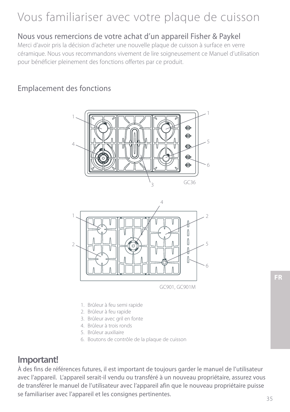 Vous familiariser avec votre plaque de cuisson, Important, Emplacement des fonctions | Fisher & Paykel GC901 User Manual | Page 37 / 52