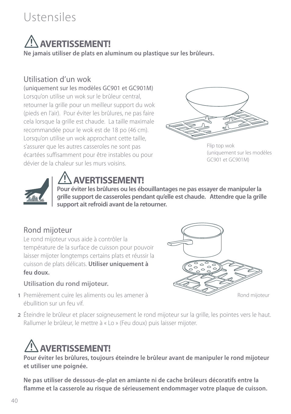 Ustensiles, Avertissement, Utilisation d’un wok | Rond mijoteur | Fisher & Paykel GC901 User Manual | Page 42 / 52