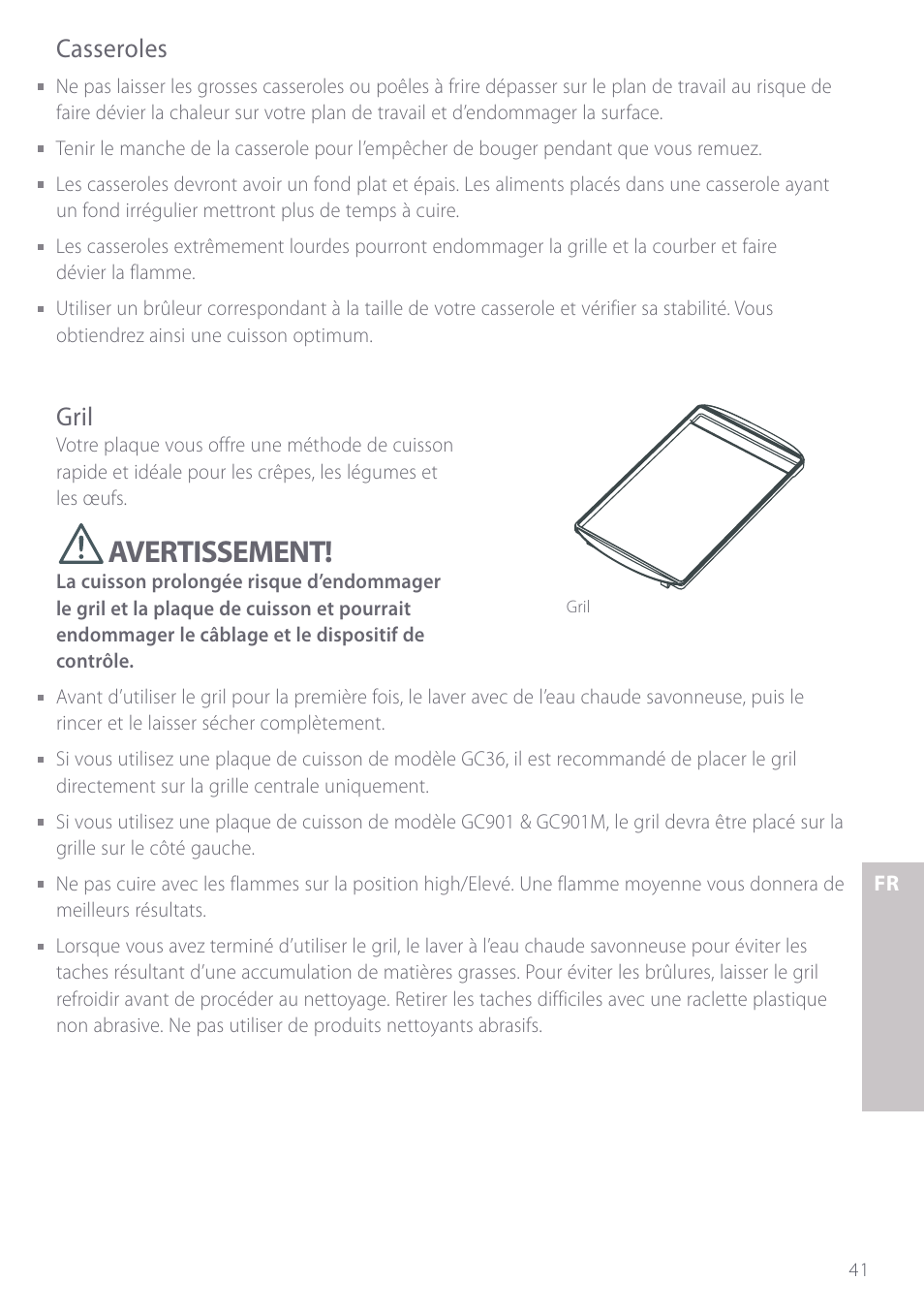 Avertissement, Casseroles, Gril | Fisher & Paykel GC901 User Manual | Page 43 / 52