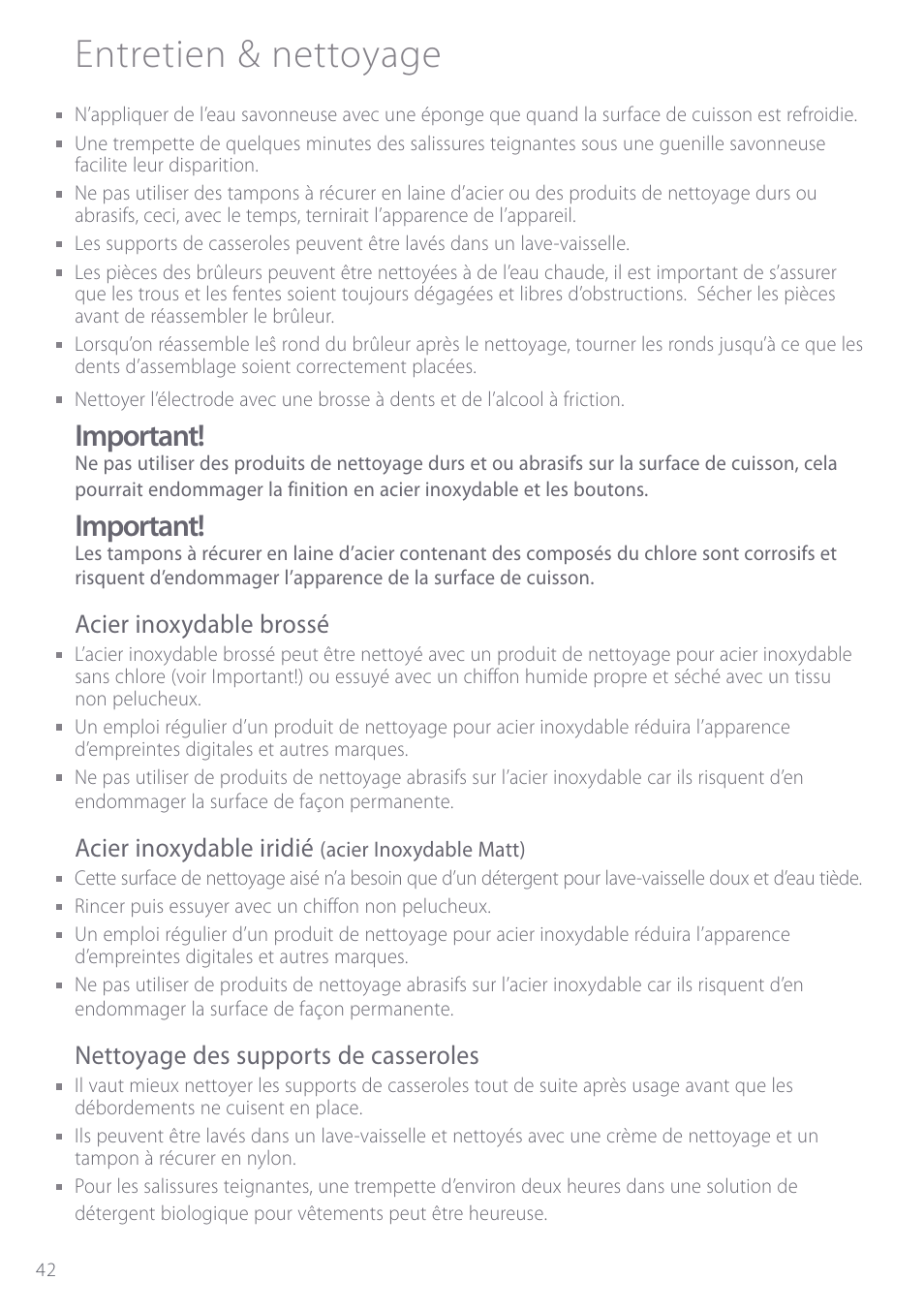 Entretien & nettoyage, Important, Acier inoxydable brossé | Acier inoxydable iridié, Nettoyage des supports de casseroles | Fisher & Paykel GC901 User Manual | Page 44 / 52