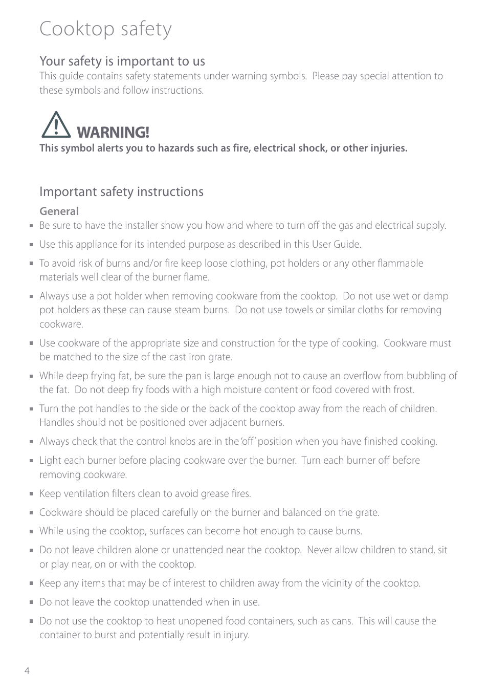 Cooktop safety, Warning, Your safety is important to us | Important safety instructions | Fisher & Paykel GC901 User Manual | Page 6 / 52