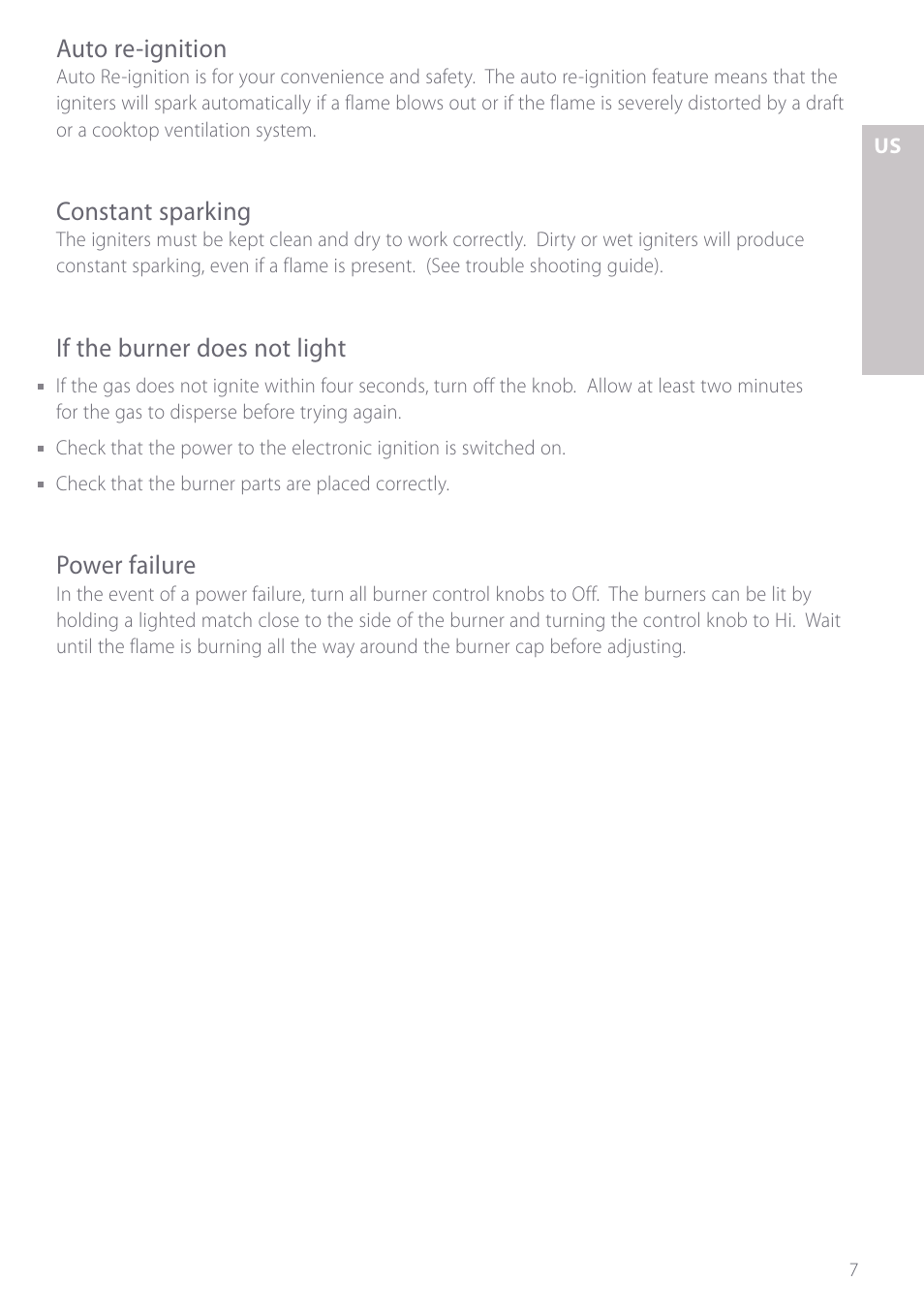 Auto re-ignition, Constant sparking, If the burner does not light | Power failure | Fisher & Paykel GC901 User Manual | Page 9 / 52