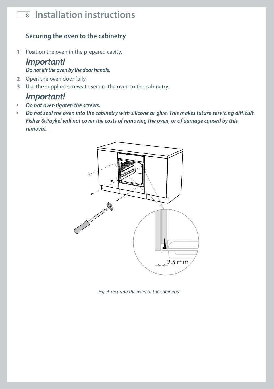 Installation instructions, Important | Fisher & Paykel MULTIFUNCTION PYROLYTIC OVEN OB60S9DEP User Manual | Page 10 / 44