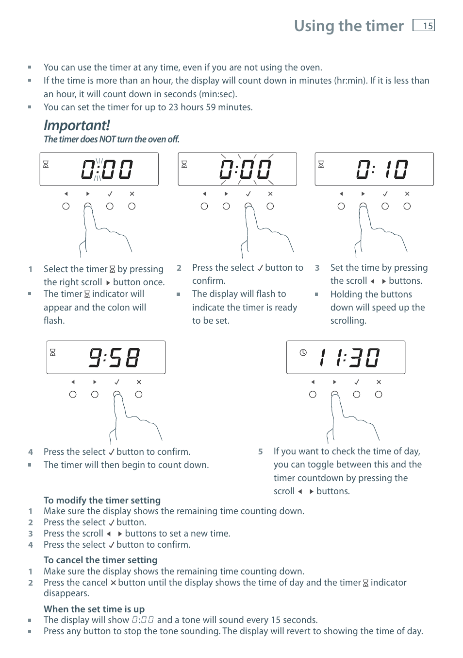 Using the timer, Important | Fisher & Paykel MULTIFUNCTION PYROLYTIC OVEN OB60S9DEP User Manual | Page 17 / 44