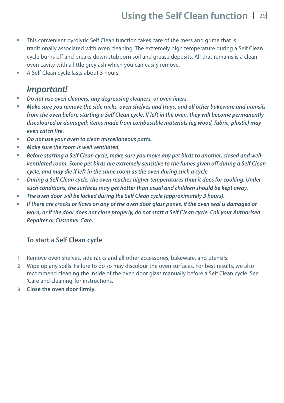 Using the self clean function, Important | Fisher & Paykel MULTIFUNCTION PYROLYTIC OVEN OB60S9DEP User Manual | Page 31 / 44