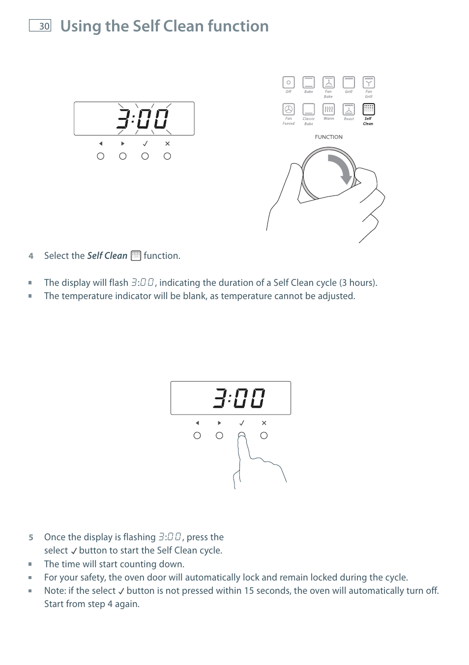 Using the self clean function | Fisher & Paykel MULTIFUNCTION PYROLYTIC OVEN OB60S9DEP User Manual | Page 32 / 44