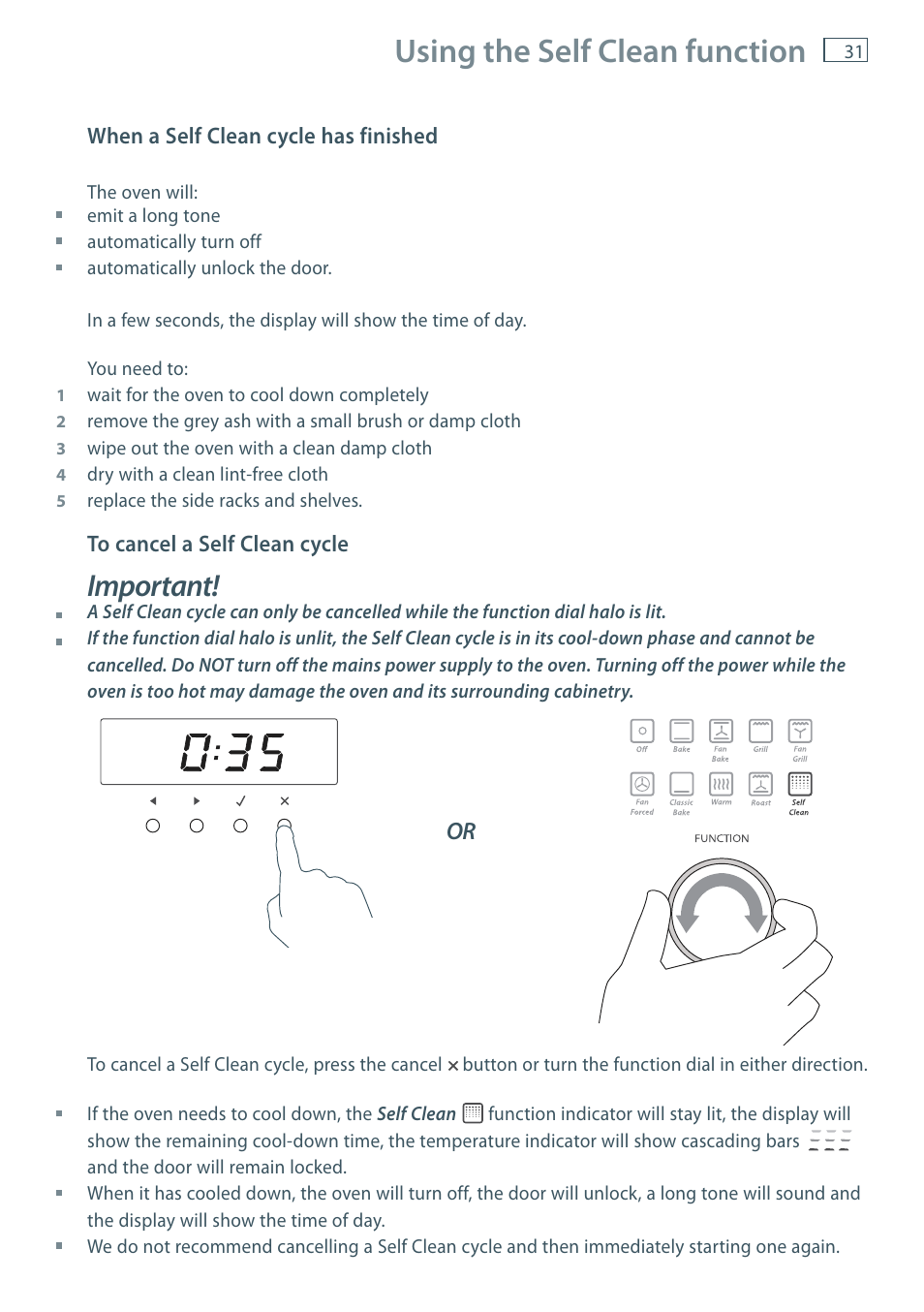 Using the self clean function, Important | Fisher & Paykel MULTIFUNCTION PYROLYTIC OVEN OB60S9DEP User Manual | Page 33 / 44