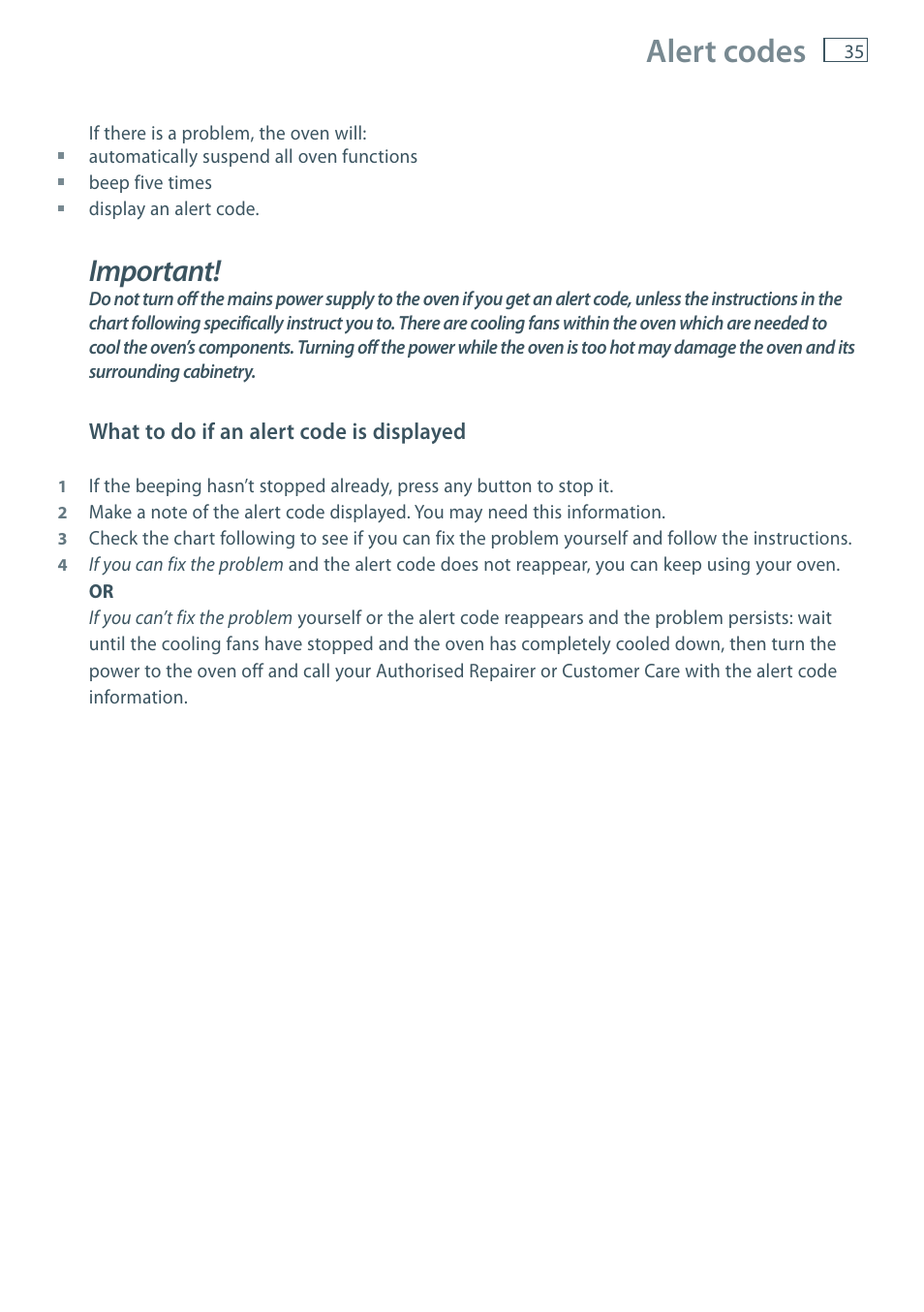 Alert codes, Important | Fisher & Paykel MULTIFUNCTION PYROLYTIC OVEN OB60S9DEP User Manual | Page 37 / 44