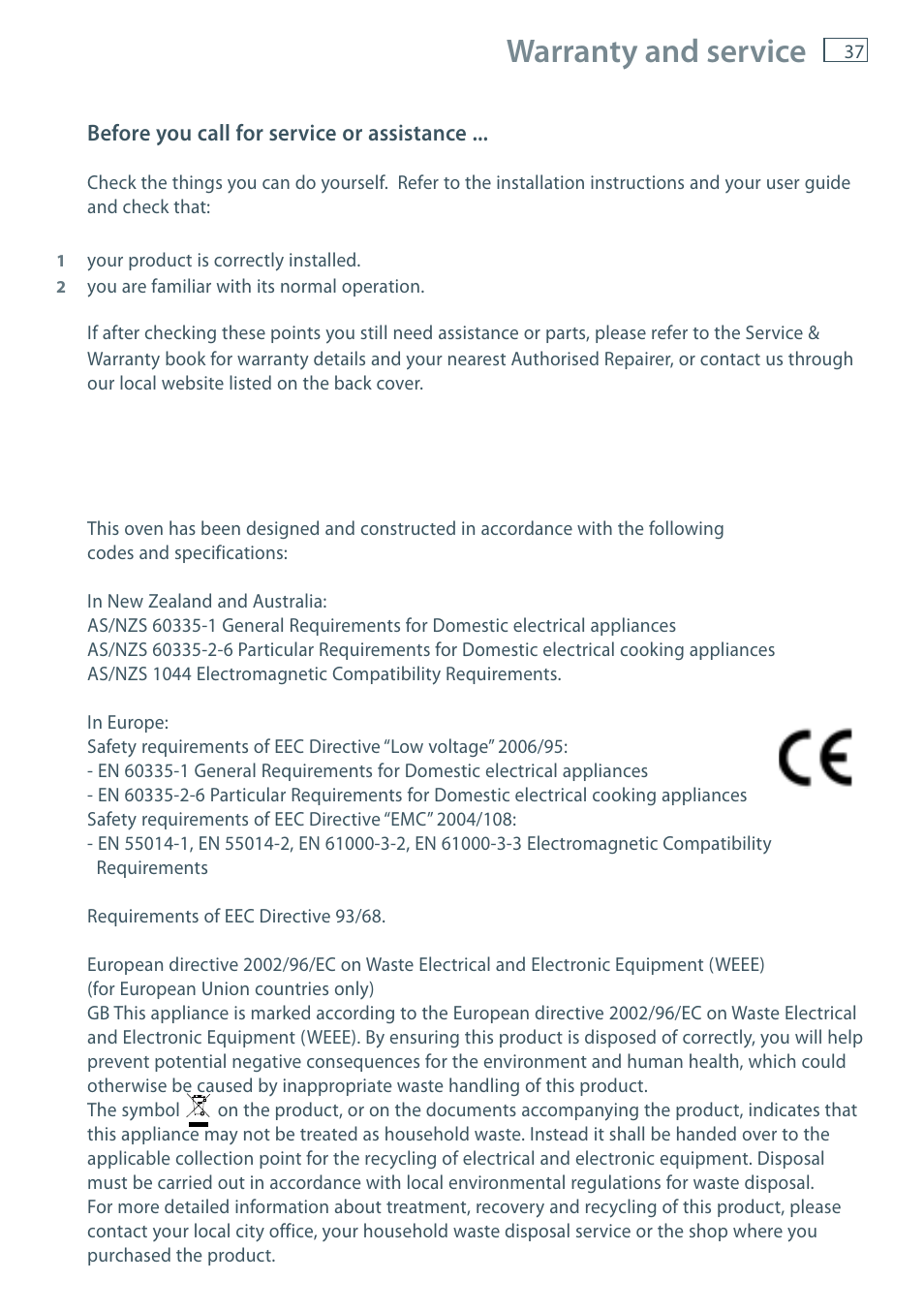 Warranty and service | Fisher & Paykel MULTIFUNCTION PYROLYTIC OVEN OB60S9DEP User Manual | Page 39 / 44