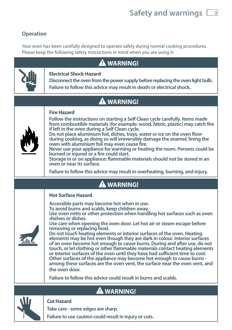 Safety and warnings, Warning | Fisher & Paykel MULTIFUNCTION PYROLYTIC OVEN OB60S9DEP User Manual | Page 5 / 44