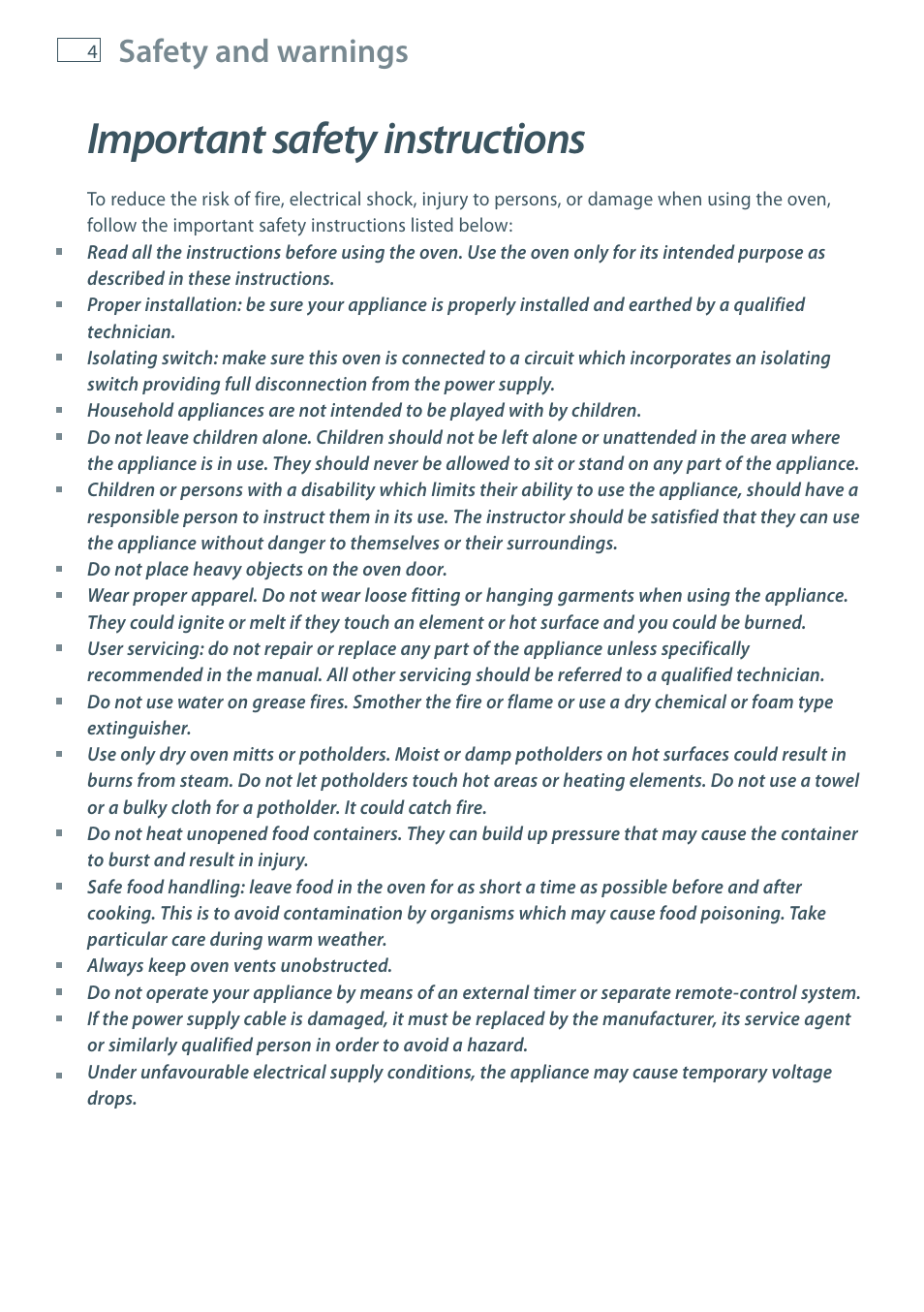 Important safety instructions, Safety and warnings | Fisher & Paykel MULTIFUNCTION PYROLYTIC OVEN OB60S9DEP User Manual | Page 6 / 44