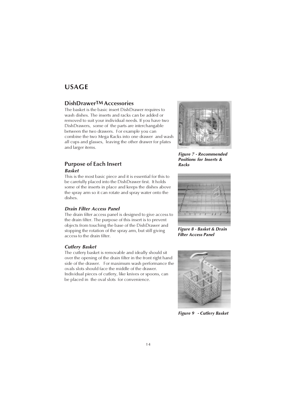 Usage, Dishdrawer, Accessories | Purpose of each insert | Fisher & Paykel 525911L User Manual | Page 15 / 37