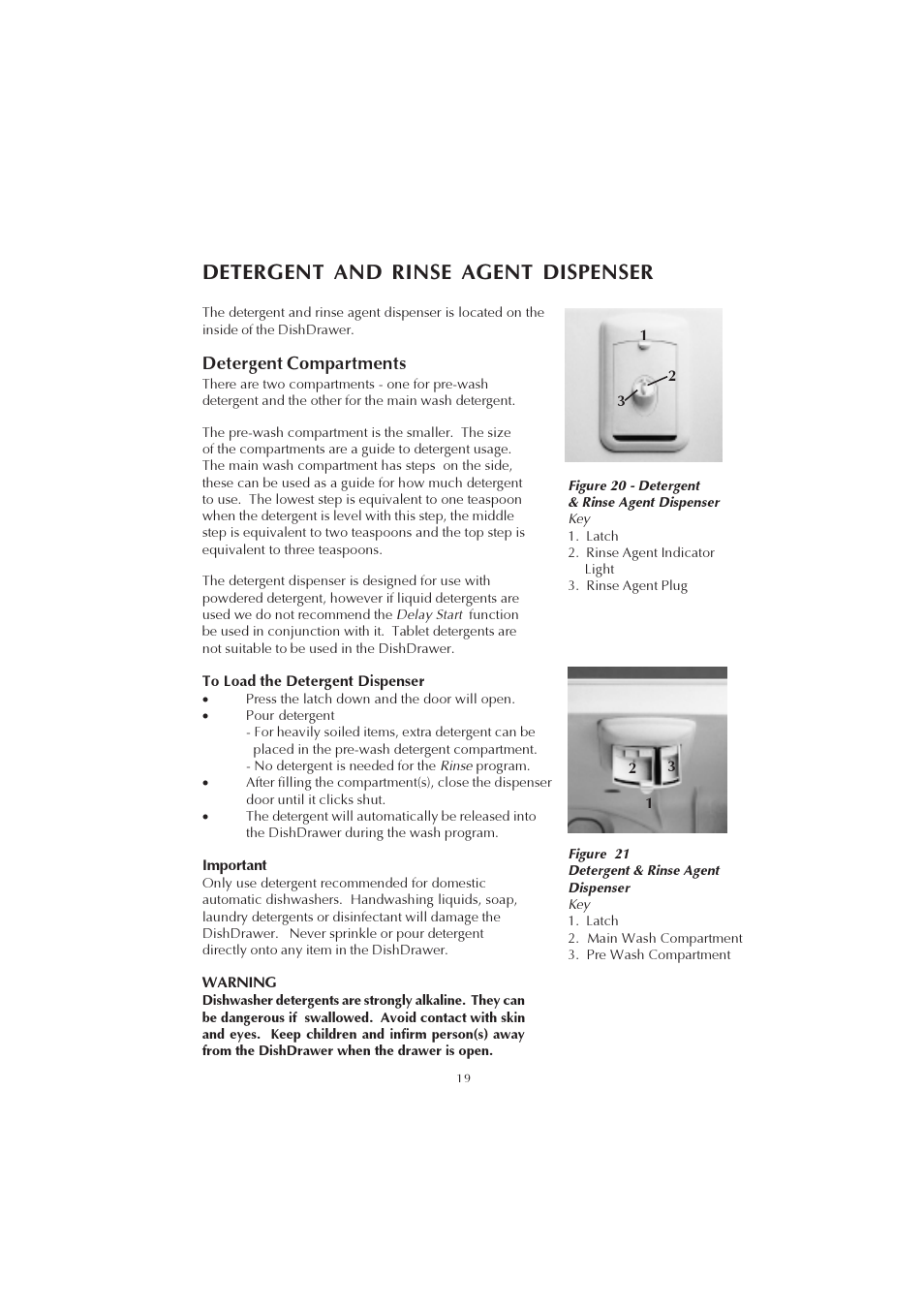 Detergent and rinse agent dispenser, Detergent compartments | Fisher & Paykel 525911L User Manual | Page 20 / 37