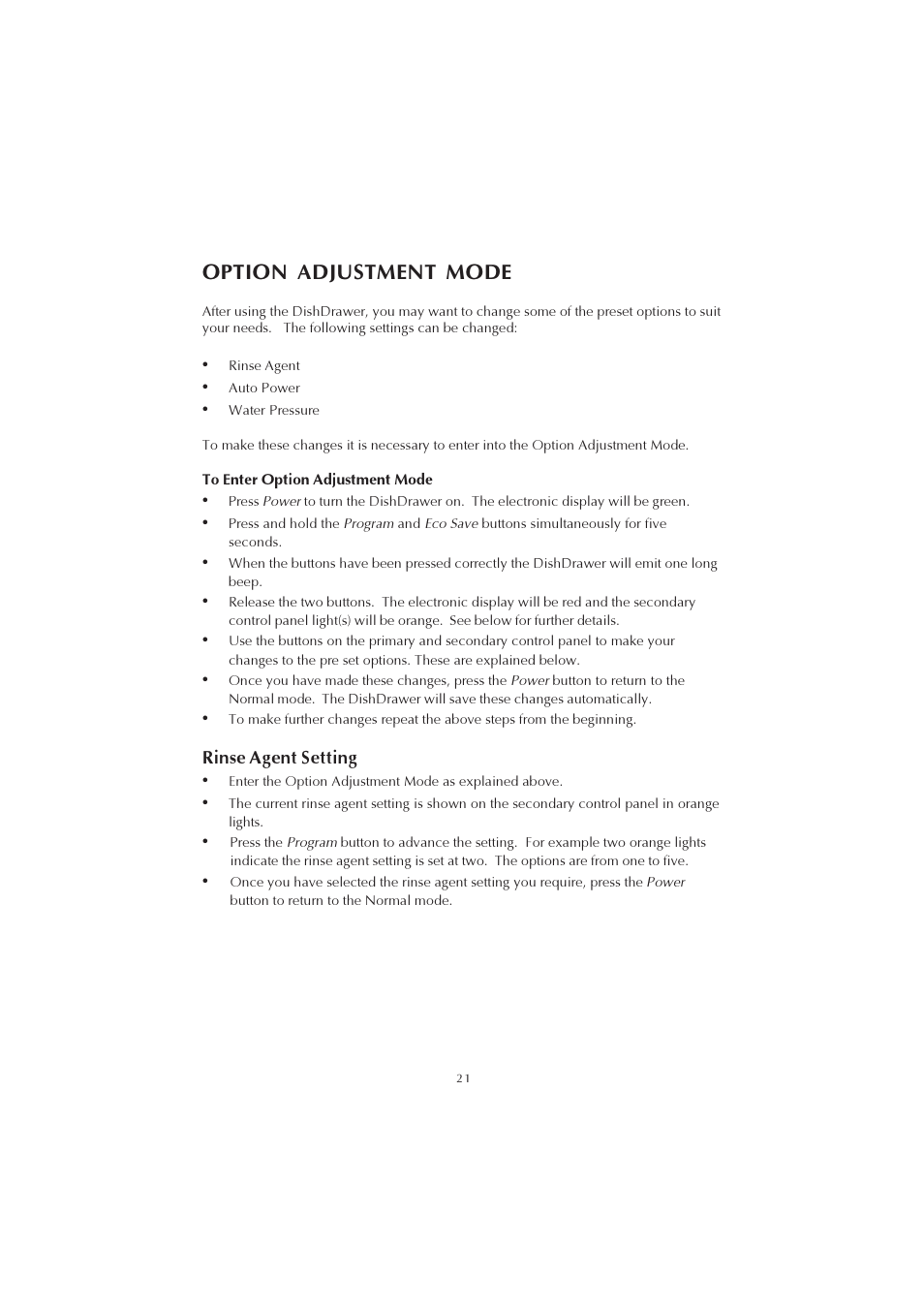 Option adjustment mode | Fisher & Paykel 525911L User Manual | Page 22 / 37