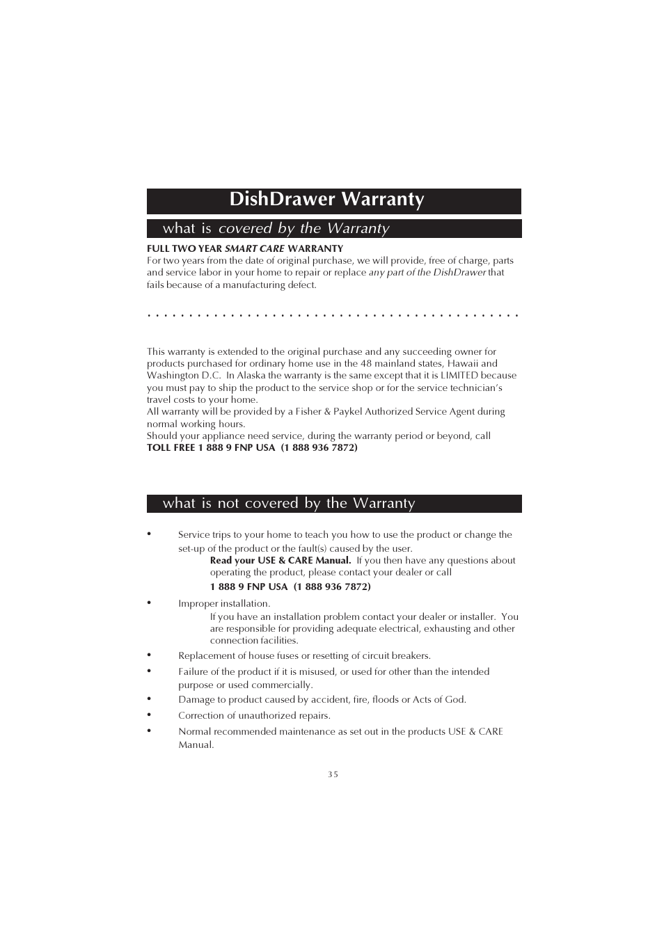 Dishdrawer warranty, What is not covered by the warranty | Fisher & Paykel 525911L User Manual | Page 36 / 37
