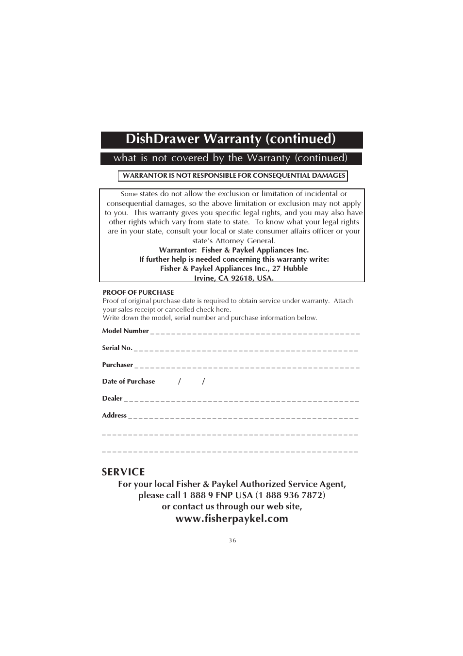 Dishdrawer warranty (continued), What is not covered by the warranty (continued), Service | Fisher & Paykel 525911L User Manual | Page 37 / 37