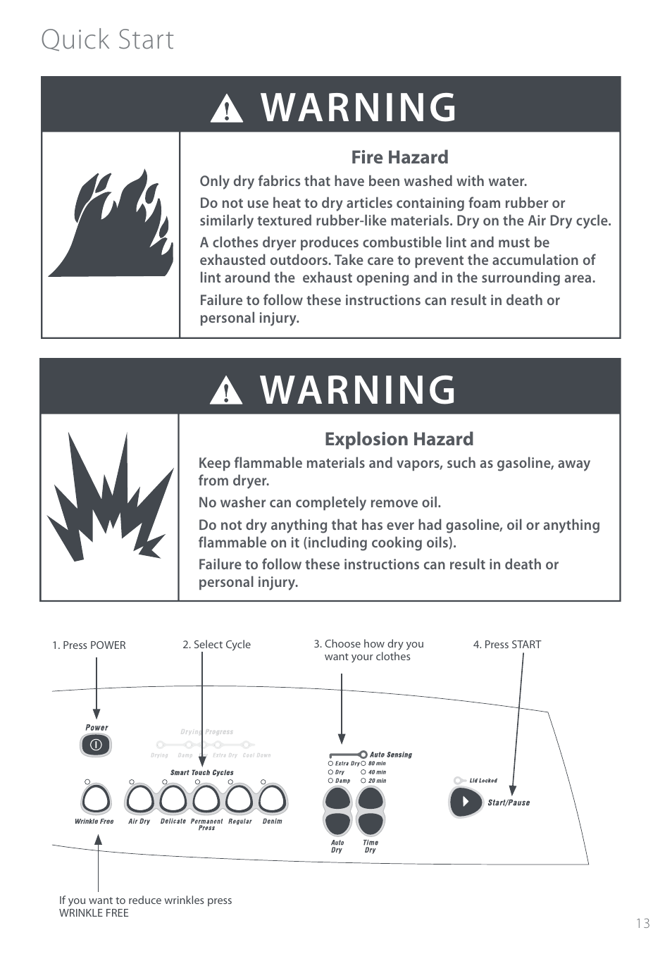 Quickstart, Quick start, Warning | Fisher & Paykel Intuitive DEIX1 User Manual | Page 13 / 32
