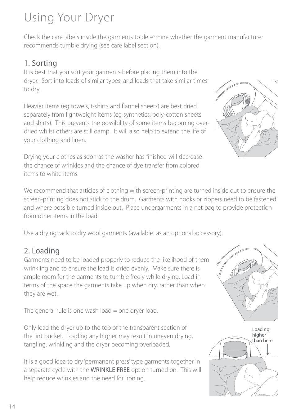 Using your dryer, Sorting, Loading | Fisher & Paykel Intuitive DEIX1 User Manual | Page 14 / 32