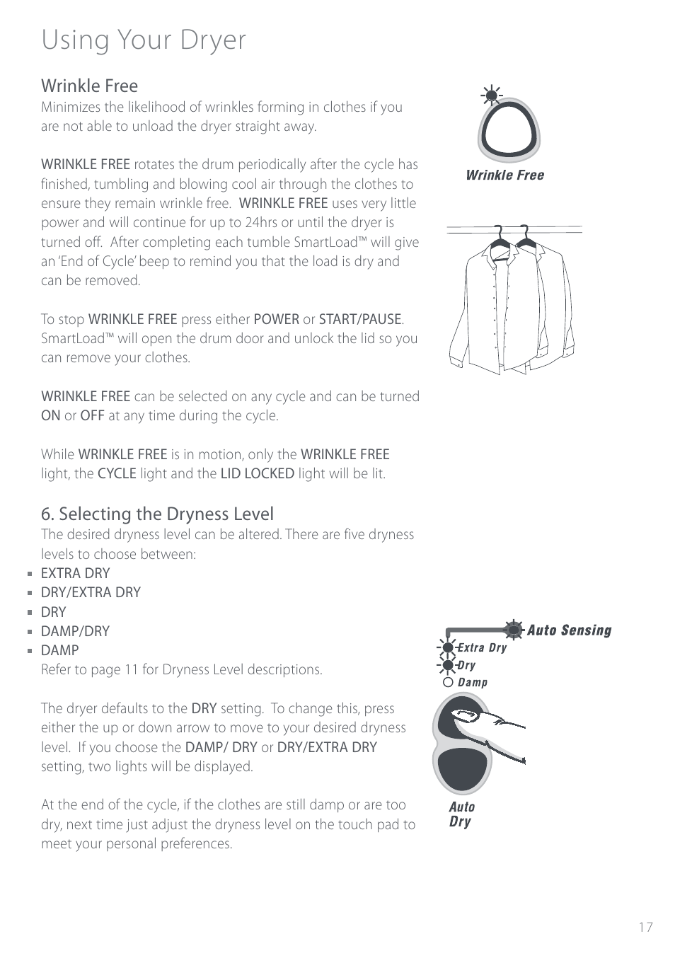 Using your dryer, Wrinkle free, Selecting the dryness level | Fisher & Paykel Intuitive DEIX1 User Manual | Page 17 / 32