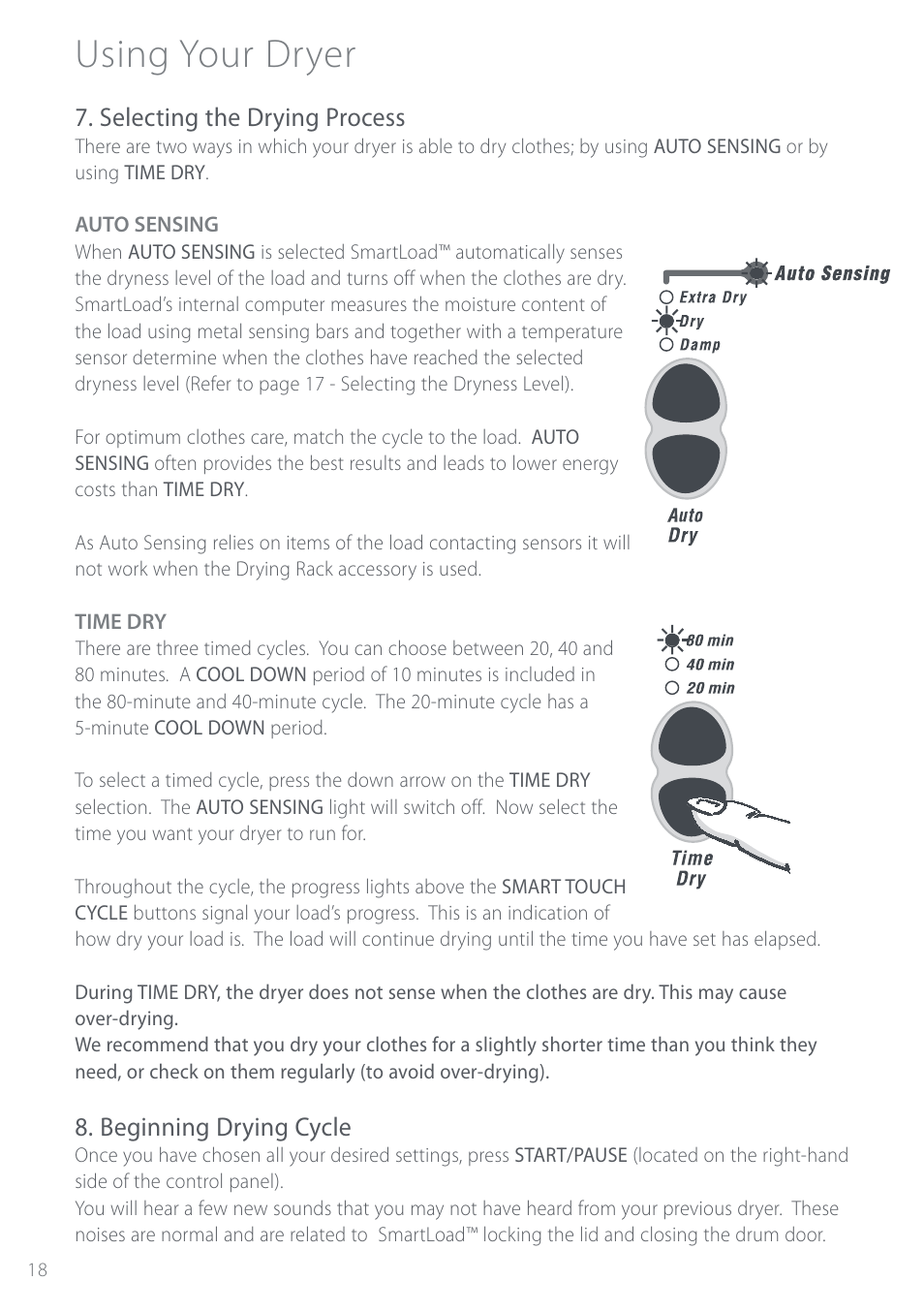 Using your dryer, Selecting the drying process, Beginning drying cycle | Fisher & Paykel Intuitive DEIX1 User Manual | Page 18 / 32