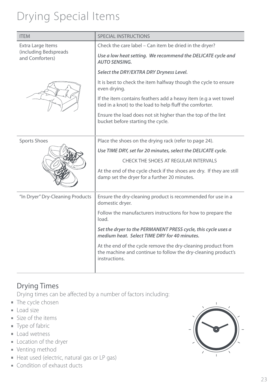 Drying special items, Drying times | Fisher & Paykel Intuitive DEIX1 User Manual | Page 23 / 32