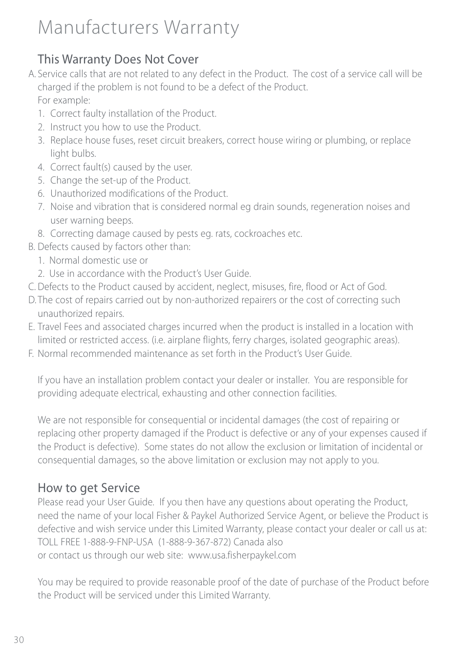 Manufacturers warranty, This warranty does not cover, How to get service | Fisher & Paykel Intuitive DEIX1 User Manual | Page 30 / 32