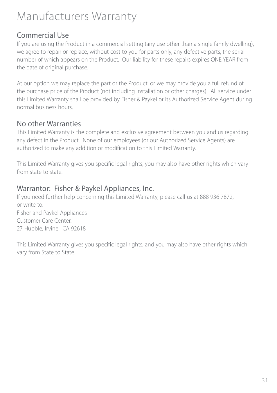 Manufacturers warranty | Fisher & Paykel Intuitive DEIX1 User Manual | Page 31 / 32