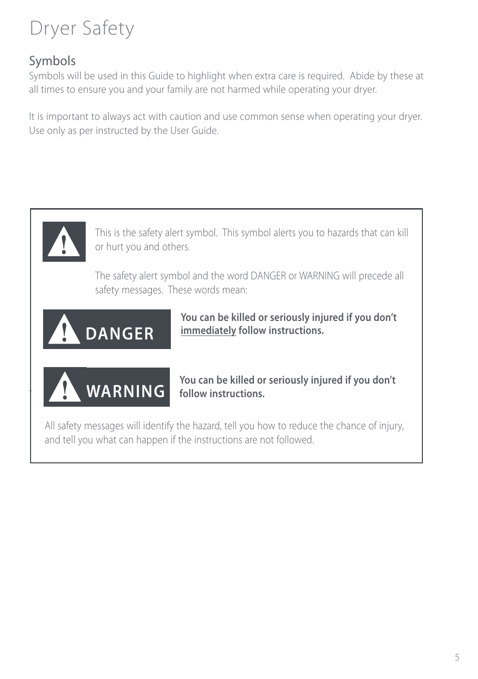 Dryer safety, Danger, Warning | Fisher & Paykel Intuitive DEIX1 User Manual | Page 5 / 32