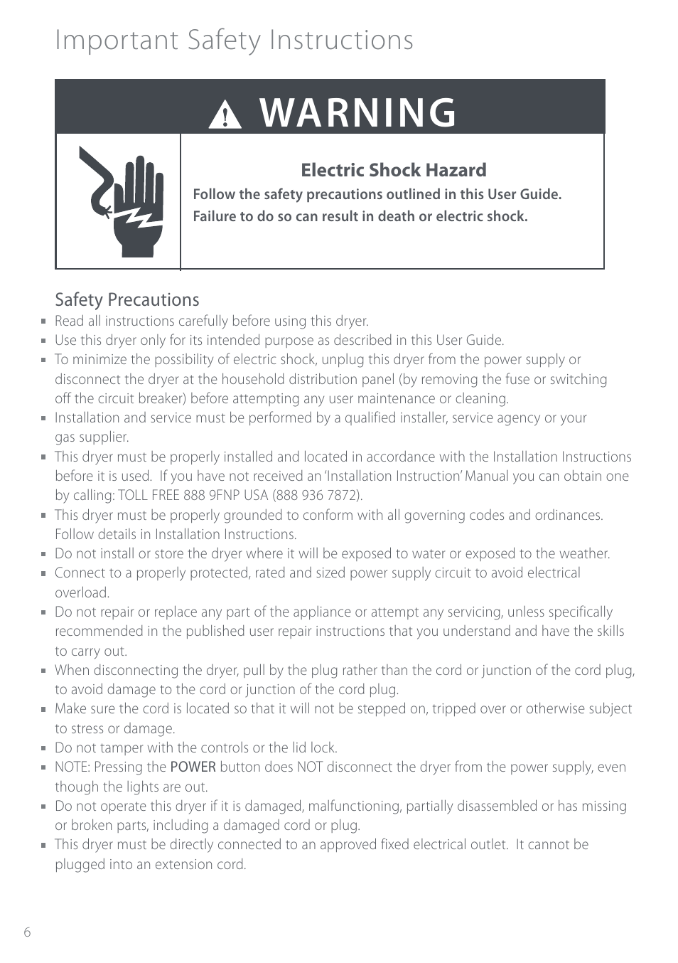 Important safety instructions, Warning, Electric shock hazard | Safety precautions | Fisher & Paykel Intuitive DEIX1 User Manual | Page 6 / 32